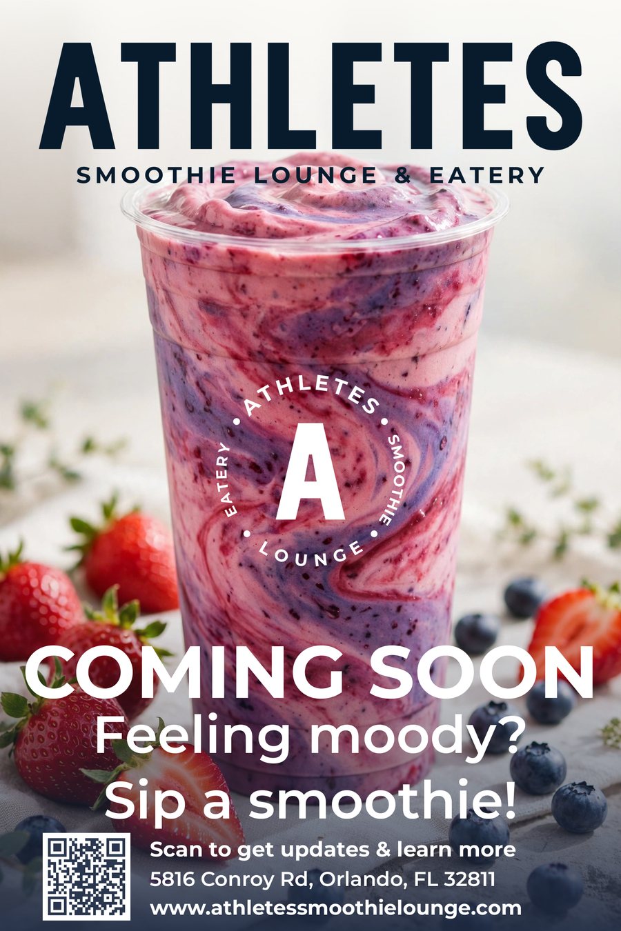 ATHLETES Coming Soon poster with a berry smoothie