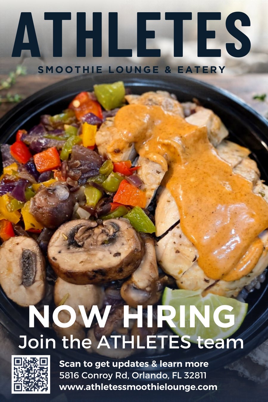 ATHLETES Now Hiring poster with a signature bowl