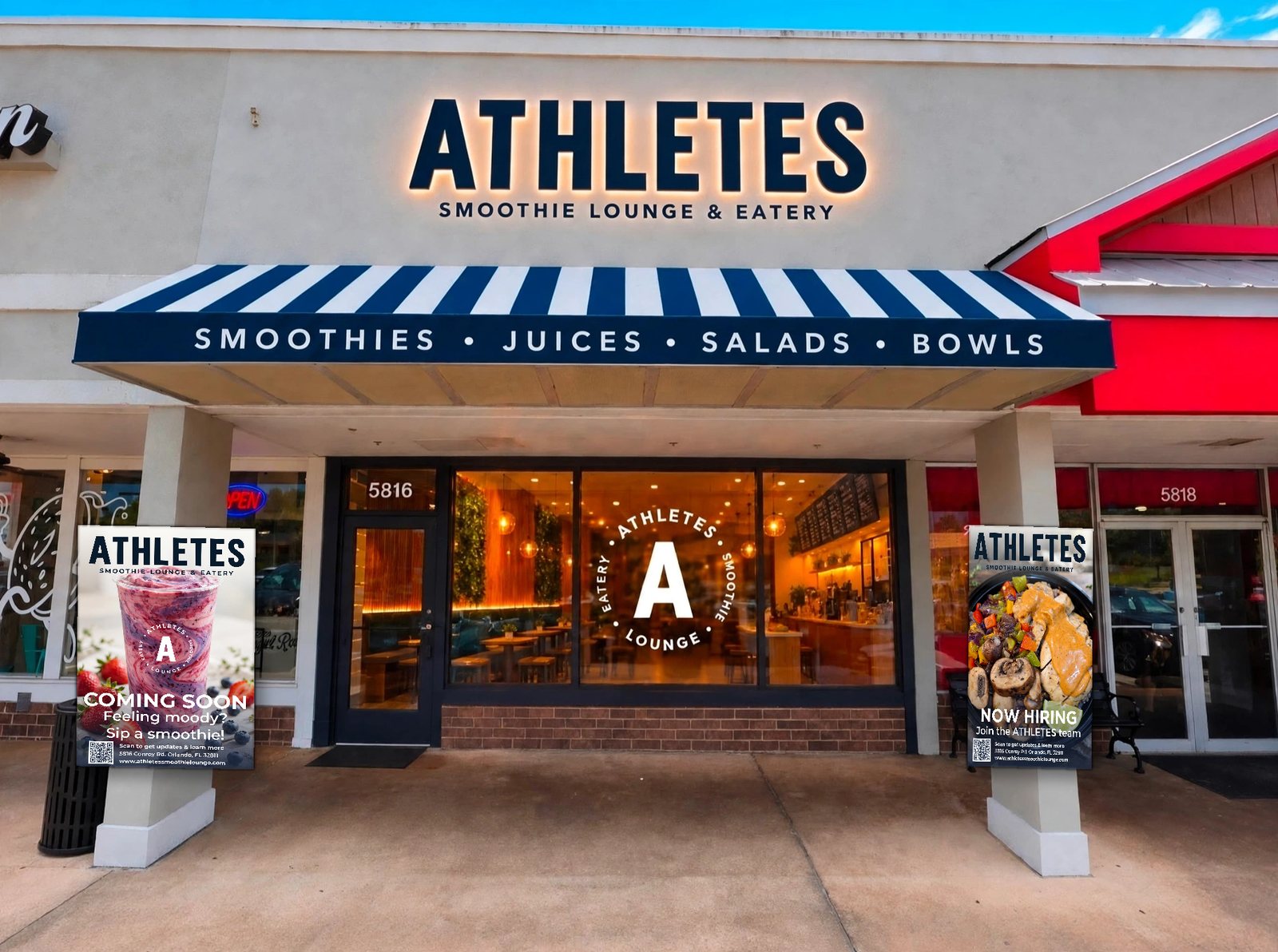 The ATHLETES storefront at 5816 Conroy Rd, Orlando, with the striped awning and Coming Soon and Now Hiring posters in the windows